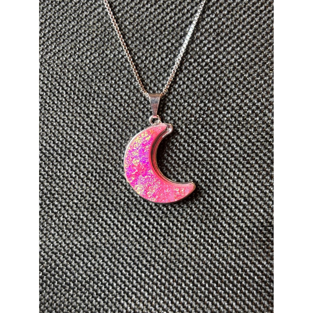 Pink Crescent Moon Druzy Necklace Stainless Steel Box Chain Kids Celestial Charm